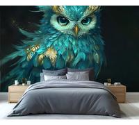 YXQAIED Owl Wallpaper, Animals Bedroom Wall Paper, Not Self Adhesive Blue Green Wallpaper for Living Room, Feather Photo 3D Wall Murals & Room Decor, 300x210cm