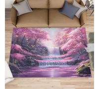 YXQAIED Pink Cherry Blossom Kitchen Runner - 80 x 150 cm Forest Waterfall Door Runner, Japanese Landscape Bedroom Rugs Non Slip for Hall Entrance Hallway Corridor