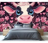 YXQAIED Pink Floral Wallpaper, Cute Cows Bedroom Wall Paper, Not Self Adhesive Cartoon Animals Wallpaper for Living Room, Pink Rose Apartment Wall Murals & Room Decor, 300x210cm