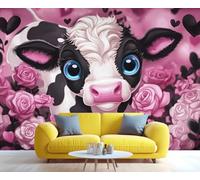 YXQAIED Pink Rose Wallpaper, Black and White Cow Wallpapers for Living Room, Not Self Adhesive Cute Animals Bedroom Wallpaper, Cartoon Heart 3D Large Mural & Home Decor Poster, 100x70cm
