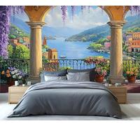 YXQAIED Purple Floral Wallpaper 350x256cm, Balcony Scenery Bedroom Wallpaper, Italian Roman Columns Photo Wallpapers, Natural Landscape Wall Murals for Living Room Poster Decor (Not Peel and Stick)