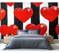 YXQAIED Red Heart Mural Wallpaper, Black and White Stripes Photo Wallpaper, Romance Wall Paper for Living Room, Not Self-Adhesive Bedroom Murals & Home Decor, 366x254cm