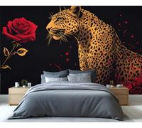 YXQAIED Red Rose Wallpaper 260x175cm, Leopard Print Bedroom Wallpaper, Black and Red Photo Wallpapers, Animals Wall Murals for Living Room Poster Decor (Not Peel and Stick)