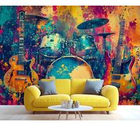 YXQAIED Retro Guitar Wallpaper Abstract Graffiti Drum Set Photo Wallpaper,Music Stage Wall Mural Poster Picture for Bedroom Living Room Decor, Music Lovers Gifts, 390x260cm