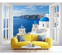 YXQAIED Santorini Greece Picturesq View Wallpaper, Traditional Dome Church Bedroom Wallpaper Mural, Blue White Churches Poster Photo Wallpapers for Dining Room Kitchen Home Decor, 350x256cm