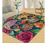 YXQAIED Skull Area Rug 60x90cm, Skull Flowers Pattern Rugs, Mexican Day of the Dead Washable Carpet for Living Room, Dining Room, Dorm & Bedroom, Non-Slip Easy Clean