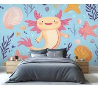 YXQAIED Starfish Shell Wallpaper, Marine Life Wallpaper for Bedroom Cartoon Blue Living Room Wallpapers, Underwater World 3D Photo Murals for Hotel Apartments, 200x140cm (Not Peel and Stick)