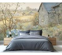 YXQAIED Stone House Wallpaper, Watercolor Floral Wallpaper for Living Room, Village Bedroom Wall Paper, Not Self Adhesive Natural Landscape 3D Large Mural & Home Decor Poster, 400x280cm
