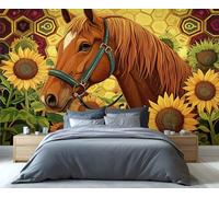 YXQAIED Sunflower Wallpaper 390x260cm, Yellow Flower Bedroom Wallpaper, Brown Horse Photo Wallpapers, Honeycomb Geometry Wall Murals for Living Room Poster Decor (Not Peel and Stick)