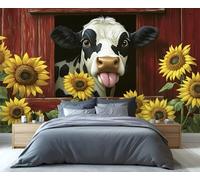 YXQAIED Sunflower Wallpaper, Black and White Cows Bedroom Wall Paper, Not Self Adhesive Farm Animals Wallpaper for Living Room, Rustic Yellow Flowers Photo 3D Wall Murals & Room Decor, 200x140cm