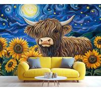 YXQAIED Sunflower Wallpaper, Highland Cow Bedroom Wall Paper, Not Self Adhesive Blue Starry Sky Wallpaper for Living Room, Cartoon Farm Apartment Wall Murals & Room Decor, 366x254cm