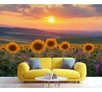 YXQAIED Sunflower Wallpaper, Yellow Flower Bedroom Wall Paper, Not Self Adhesive Natural Landscape Wallpaper for Living Room, Sunset Apartment Wall Murals & Room Decor, 366x254cm
