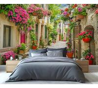 YXQAIED Tuscany Flower Street Photo Wallpaper Italian Town Potted Flowers Wall Mural Wallpaper, Europe Alley Stone Path Poster Mural Wall Art for Living Room Bedroom Corridor