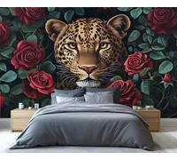 YXQAIED Wallpaper - Leopard Photo Wallpaper for Bedroom, Cheetah Home Decor & Large Mural, Red Rose Living Room Wallpapers, Not Self-Adhesive - Wall Decor