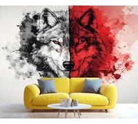 YXQAIED Wolf Wallpaper, Wild Animals Bedroom Wall Paper, Not Self Adhesive Heart Pattern Wallpaper for Living Room, Red and Black 3D Large Mural & Home Decor Poster, 200x140cm