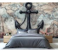 YXQAIED World Map Wallpaper, Retro Anchor Wallpapers for Living Room & Home Decor, Nautical Theme Wallpaper for Bedroom, 3D Print Wall Mural (Not Peel and Stick)