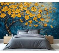 YXQAIED Yellow Floral Wallpaper 366x254cm, Vintage Flower Wallpaper for Living Room, Navy Blue Photo Wallpapers, Flower Tree Wall Murals for Living Room Poster Decor (Not Peel and Stick)