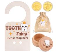 YXSJAS 1 Set/4Pcs Wooden Tooth Fairy Box Tooth Fairy Door Hanger Tooth Fairy Box with Storage Pouch Gold Foil Reward Coin Wooden Doorplate Tooth Fairy Coin for Tooth Loss Baby Birthday Gifts