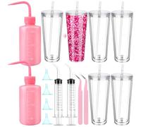 YXSJAS 14 Pcs Snow Globe Tumbler Supplies Including 24 oz Plastic Snowglobe Cups with Lids and Straws Squeeze Bottle Bent Spout Syringe Tweezers Funnels for Glitter Snow Globe DIY Craft Gifts