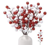 YXSJAS 24 Pcs Christmas Glitter Berries Stems 8.7" Artificial Berry Picks Holly Berries Branches Berry Stems for Christmas Tree Decor Wreath Making Supply DIY Crafts Winter Xmas Home Decor (Red,White)