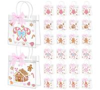 YXSJAS 24Pcs Back To School Clear Gift Bags with Handle&Pink Bow Ribbon,PVC Bag,Theme Plastic Totes Bag,Candy Goodie Treat Totes,Reusable Gift Wrap Tote Bags for Party,7.9''x7.9''x3.1''