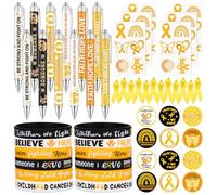 YXSJAS 54Pcs Childhood Cancer Awareness Pediatric Cancer Awareness Sticker Silicone Bracelets Pens Yellow Ribbon Pins Awareness Button Badges Inspirational Gift for Fundraising Charity Campaign