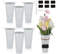 YXSJAS 6 Pcs Flower Buckets 10 Inch Galvanized Metal Vases Bulk with Handles Rustic Beige Tin Flower Bar Supplies Including Wooden Blackboards Liquid Chalk Hemp Rope for Wedding Table Decor (White)