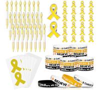 YXSJAS 96Pcs Gold Cancer Awareness Accessories For Children Include Gold Awareness Silicone Bracelets Pin Pen Stickers Inspirational Cancer Awareness Gift Children Cancer Charity Campaign