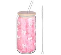 YXSJAS Pink Bow Glass Cup with Wood Lid and Glass Straw 16 oz Coquette Bow Aesthetic Cup Inspired Aesthetic Drinking Jar Can Shaped Ice Coffee Bow Glasscup for Bubble Tea, Gift for Girl Women Friend