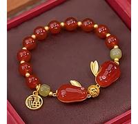 YXWYXWA Bracelet Natural 8MM Red Agate Bracelet Hetian Jade Feng Shui Rabbit Lucky Charm Sterling Silver Fu Pendant Adjustable Handmade Braid Bracelet Elastic Amulet for Money Prosperity,Rope