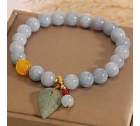 YXWYXWA Bracelet Natural Blue Crystal Bracelet 8MM Aquamarine Agate Feng Shui Carved Jadeite Leaf Lucky Charm Pendant Elastic Bracelet Meditation Amulet for Women Luck Money Prosperity Femininity