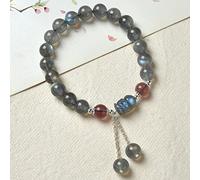 YXWYXWA Bracelet Natural Crystal Bracelet 8MM Grey Moonstone Strawberry Quartz Feng Shui Pi Xiu/Pi Yao Lucky Charm Sterling Silver Elastic Bracelet Amulet for Women Good Luck Money Prosperity