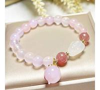 YXWYXWA Bracelet Natural Crystal Bracelet 8MM Pink Agate Strawberry Quartz Chalcedony Carved Feng Shui Rabbit Lucky Charm Peach Pendant Elastic Bracelet for Longevity Money Prosperity