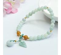 YXWYXWA Bracelet Natural Jade Bracelet 6MM Fei Cui Beads Chalcedony Genuine Jadeite Feng Shui Harmony Buckle Lucky Old Coin Charm Leaf Pendant Elastic Bracelet Amulet for Wealth Money Prosperity
