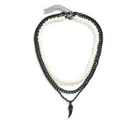 YXWYXWA Necklace Layered Pearl, Curb Chain Necklace Multilayer Bead Chain and with Pendant Feather Black White Alloy with Lobster Claw Clasp Men Jewelry