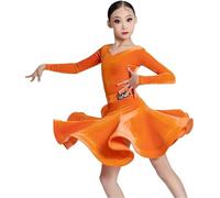 YXYjLb Girls Latin Dance Dress Kids Winter Ballroom Dance Clothes Long Sleeves Rumba Ballroom Costume Kids Cha Cha Practice Competition Pratice Costumes(Orange,130)
