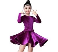 YXYjLb Girls Latin Dance Dress Purple 140cm A-Line Long Sleeve Velvet Mid Waist Round Neck Autumn Winter Formal Performance Dance Dress