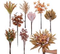 YXZZWL Artificial Greenery Stems Box Set for Fall Decorations，70 Pcs with 8 Kinds of Faux Eucalyptus Branches for Autumn Wedding DIY Bouquets Floral Arrangement Table Centerpieces (Brown & Orange)