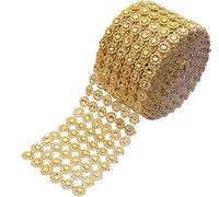 YYaaloa Crafts Faux Diamond Bling Wrap 4" x 10 Yards 6 Rows Gold Flower Pattern Faux Rhinestone Crystal Mesh Ribbon Roll for Wedding, Party, Centerpiece, Cake, Vase Sparkling Decoration (Gold)