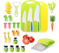 YYAOEMI Kids Knife Set for Real Cooking Toddler Kitchen Tools Include 3 Serrated Edges Plastic Safe Knives,Crinkle Cutter Y Peeler Cutting Boards, Fruit Forks and Dough Cutters
