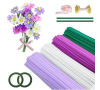 YYAQZD Tulip Bouquet Pipe Cleaners Flower Set, 400 Pieces Pipe Cleaners for Crafts, Pipe Cleaners for Crafts, with Flower Wire, Ribbon, Flower Stamen for Bouquet DIY (Purple Set)