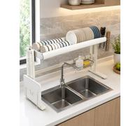 YYBHKHBY Over The Sink Dish Drying Rack - Counter Top Kitchen Sink Organizer - Space Saving Dish Drainer with Chopstick Knife Cutting Board Holder - Single Double Sink Black Carbon Steel