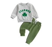 YYDSTYLE Baby St. Patricks Day Clothes Letter Clover Embroidery Long Sleeve Sweatshirt Solid Elastic Waist Pants 2 Piece Set for Boys Girls (Green, 18-24 Months)