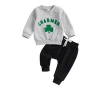 YYDSTYLE Baby St. Patricks Day Clothes Letter Clover Embroidery Long Sleeve Sweatshirt Solid Elastic Waist Pants 2 Piece Set for Boys Girls (Black, 2-3 Years)