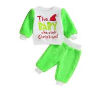 YYDSTYLE Christmas Baby Boys Girl Grinch ClothesLong Sleeve Letter Santa Hat Print Tops and Green Plush Pants Sets Green Monster Clothes (Green, 3-6 Months)