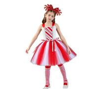 YYDSTYLE Christmas Candy Cane Costume for Girls Deluxe Sleeveless Tulle Dress with Headband Socks for Winter Holiday (Red, 6-7 Years)