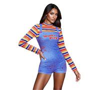 YYDSTYLE Halloween Scream Costume for Women Creepy Killer Doll Costume Long Sleeve High Neck Tops Short Overalls Chucky Set (Multi-color, M)