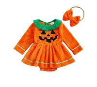 YYDSTYLE My First Halloween Baby Girl Outfit Pumpkin Costume Velvet Long Sleeve Crewneck Romper Dress with Headband Clothes (Orange, 12-18 Months)