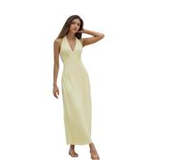 YYDSTYLE Summer Satin Halter Deep V Neck Backless Maxi Dresses for Women 2025 Silky Sleeveless Open Back Wedding Guest Long Dress (Yellow, M)