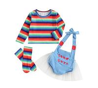 YYDSTYLE Toddler Girl Halloween Chucky Costume Set Rainbow Stripe Print Long Sleeve Tops + Letter Pattern Romper + Long Socks (Rainbow, 4-5T)